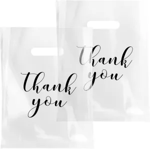 Crtiin 100 Pcs Clear Merchandise Bags Thank You Shopping Bags with Die Cut Handles T Shirt Plastic Packaging for Small Business Retail Boutique Stores Gifts(9 x 12 Inch)