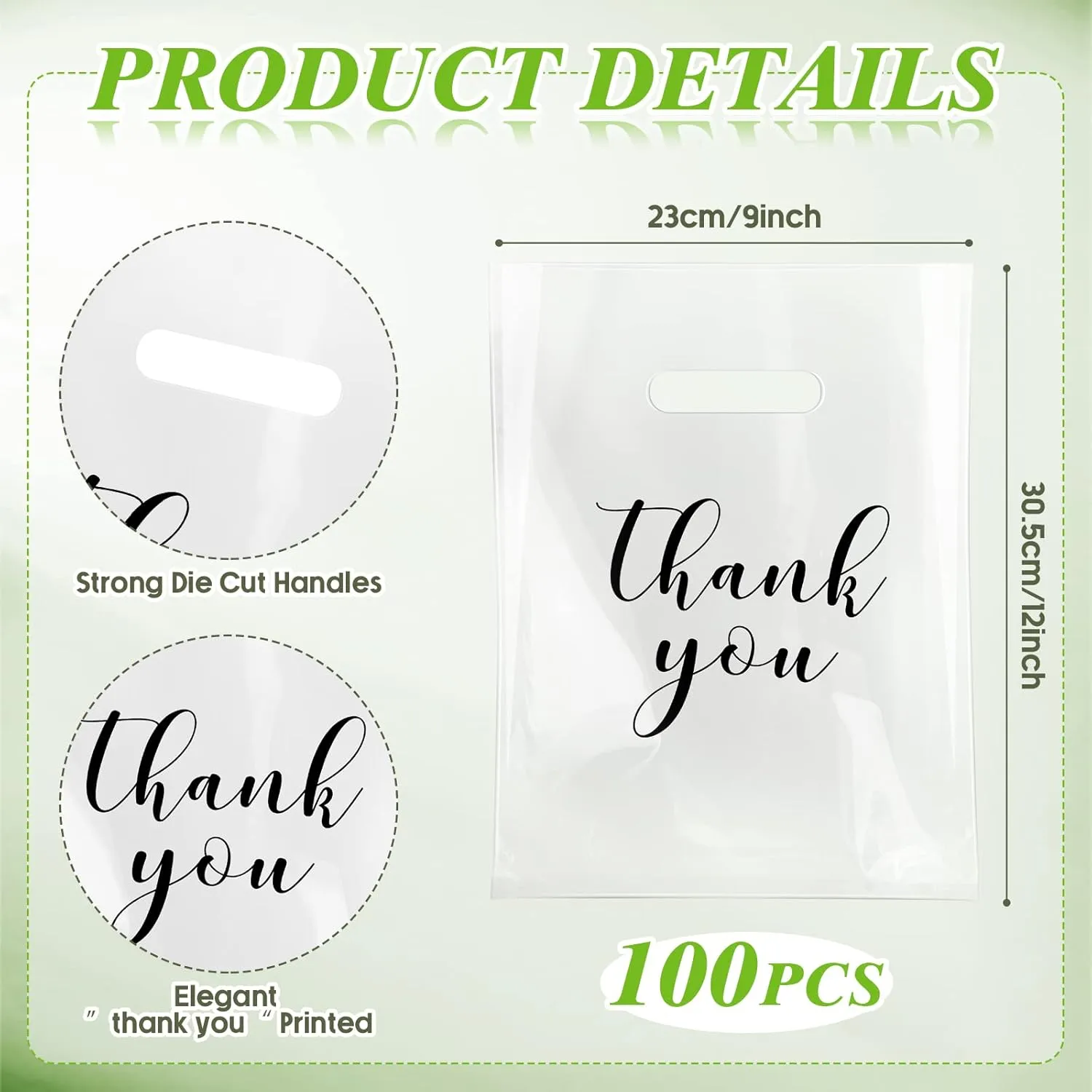 Crtiin 100 Pcs Clear Merchandise Bags Thank You Shopping Bags with Die Cut Handles T Shirt Plastic Packaging for Small Business Retail Boutique Stores Gifts(9 x 12 Inch)