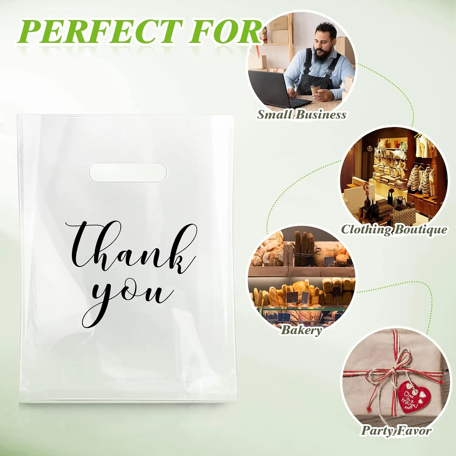 Crtiin 100 Pcs Clear Merchandise Bags Thank You Shopping Bags with Die Cut Handles T Shirt Plastic Packaging for Small Business Retail Boutique Stores Gifts(9 x 12 Inch)
