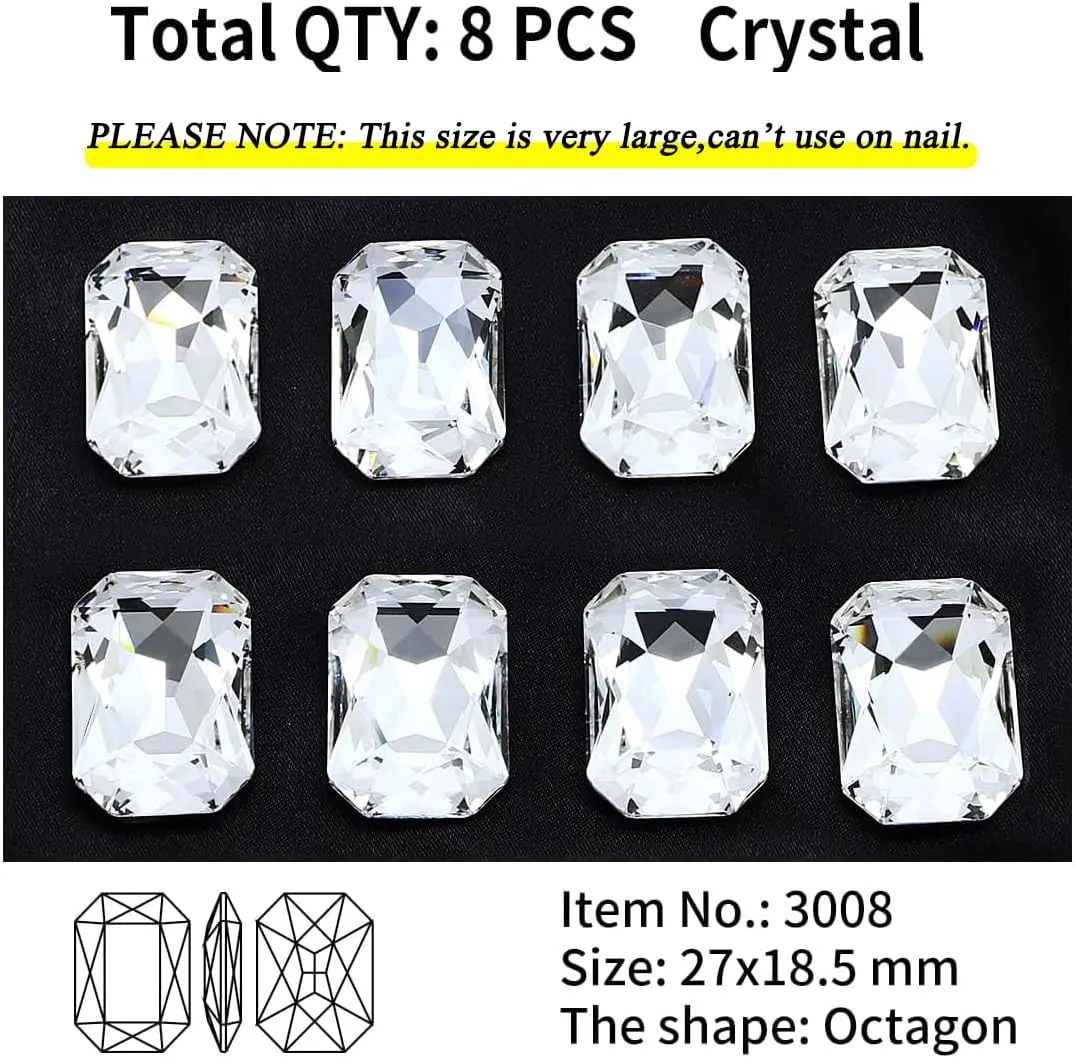 Crystal Large Rhinestones, Pointback Octagon Shape Gemstone Stones Faceted Glass Beads for Craft Jewelry Making DIY Dress Shoes, 27 * 18.5mm 8 Pieces