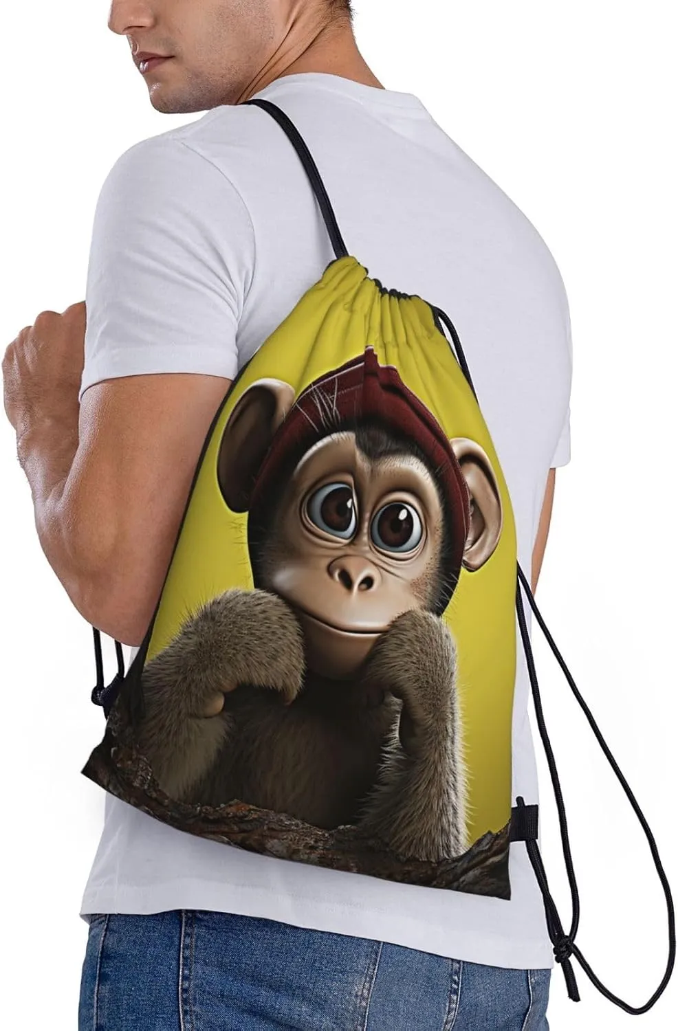 Curious Monkey Drawstring Bag Women Men Drawstring Backpack Waterproof Lightweight Gym Sackpack Yoga Bag,Small