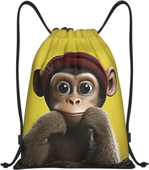 Curious Monkey Drawstring Bag Women Men Drawstring Backpack Waterproof Lightweight Gym Sackpack Yoga Bag,Small