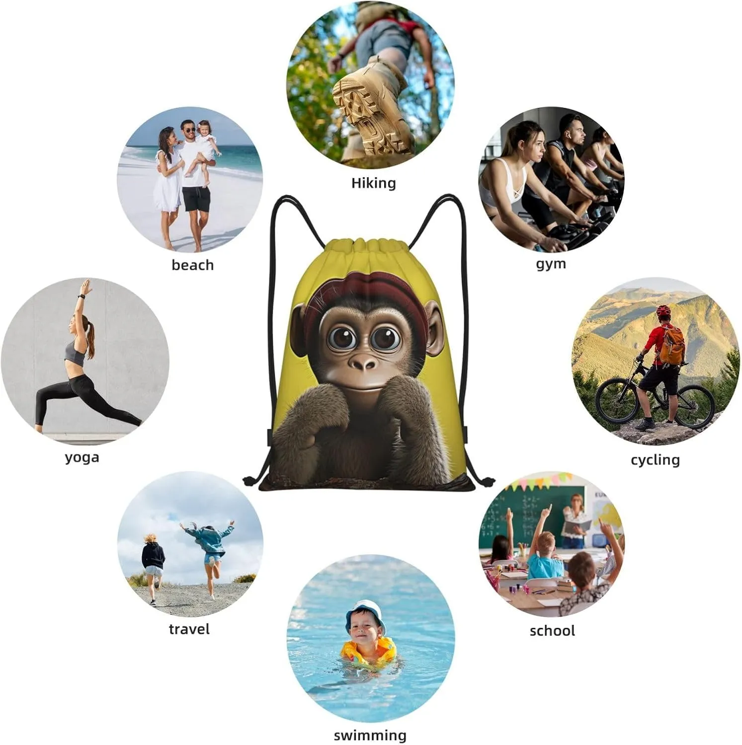 Curious Monkey Drawstring Bag Women Men Drawstring Backpack Waterproof Lightweight Gym Sackpack Yoga Bag,Small