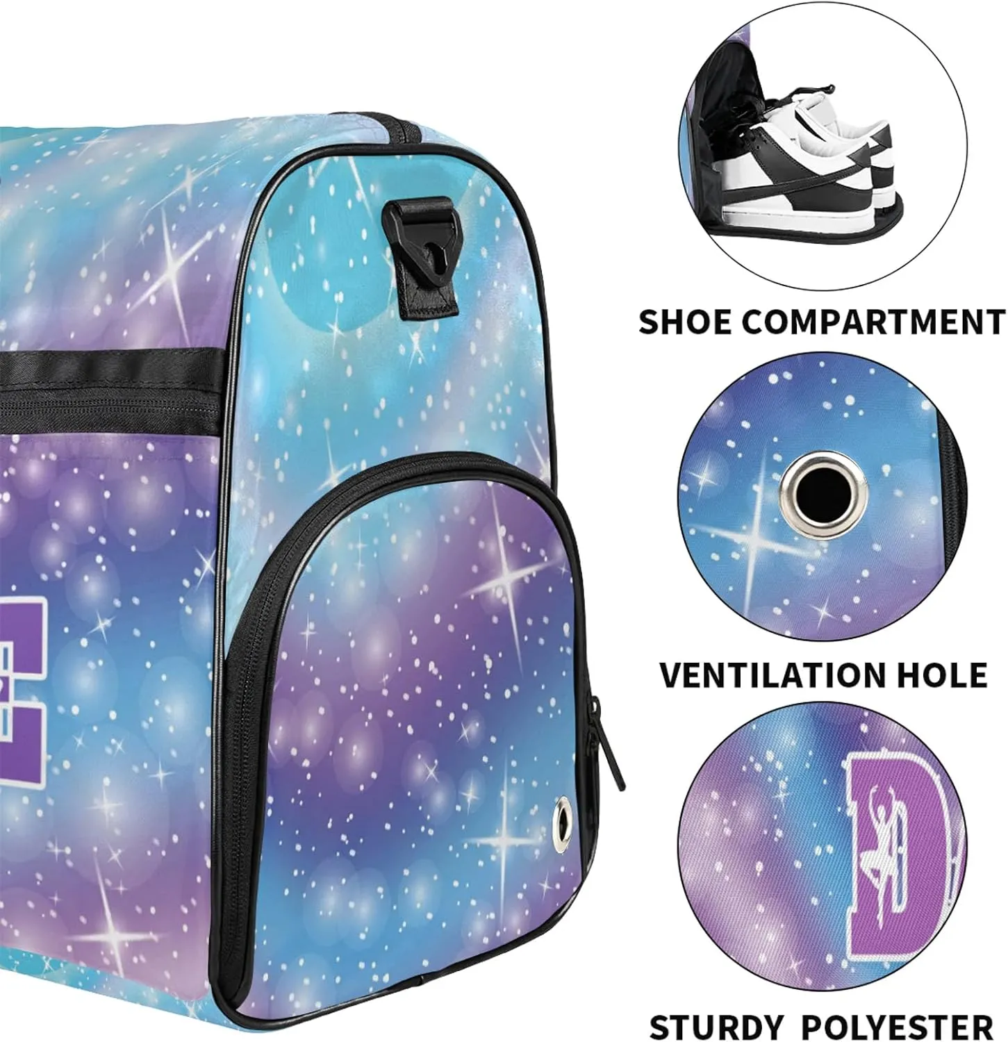 Custom Dance Duffel Bag with Shoe Compartment Personalized Sport Gym Bags Waterproof Customized Travel Duffel Bags Overnight Carry-On Tote, Cosmos Blue