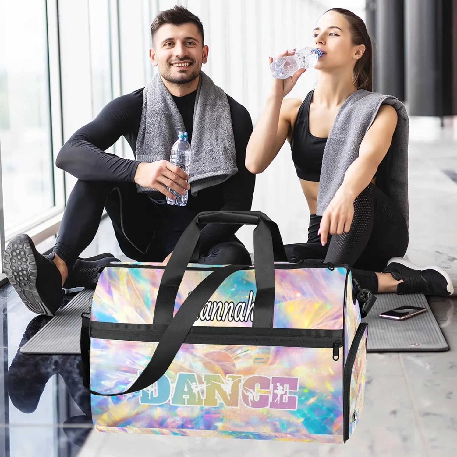 Custom Dance Duffel Bag with Shoe Compartment Personalized Sport Gym Bags Waterproof Customized Travel Duffel Bags Overnight Carry-On Tote, Gold