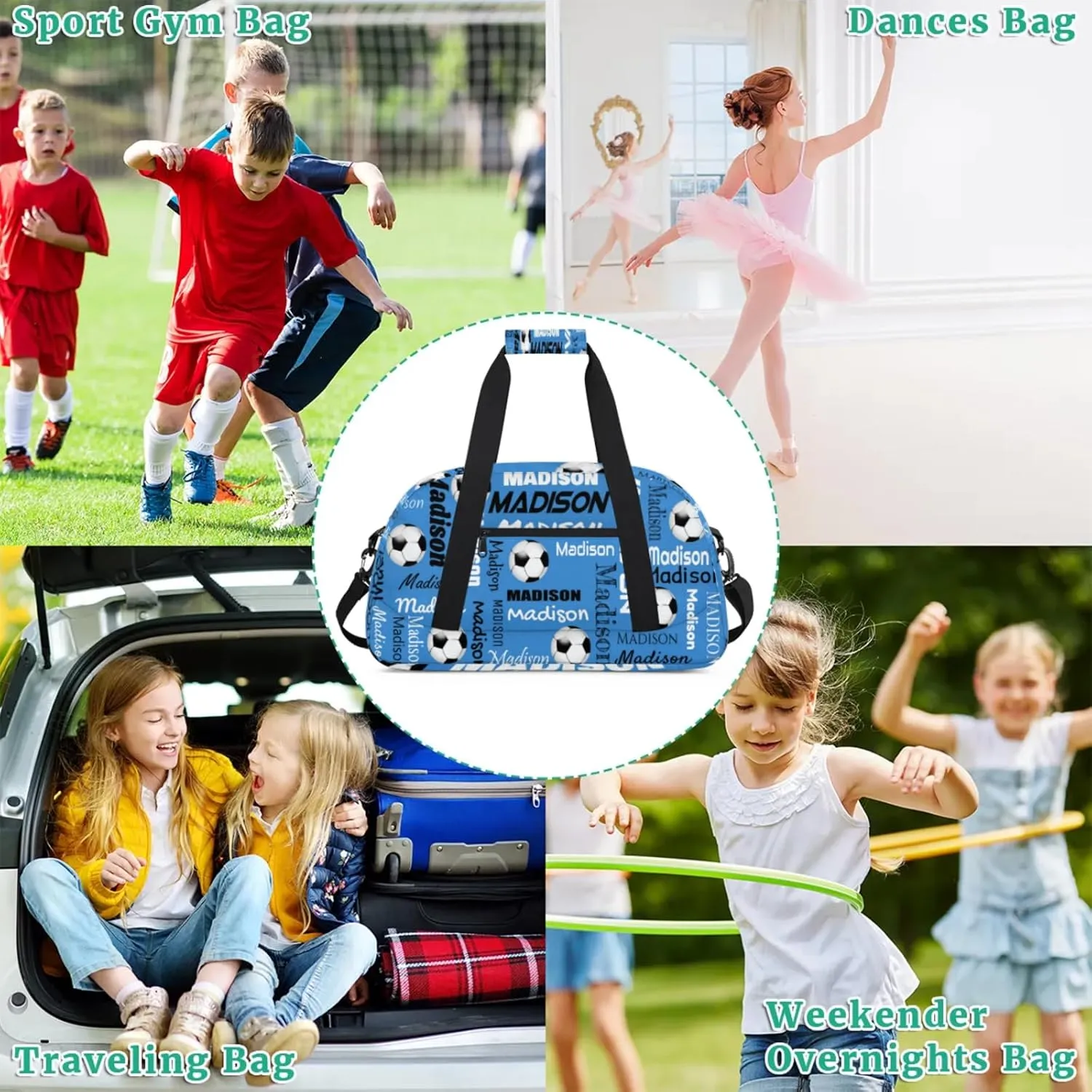 Custom Soccer Gym Bag Duffel Bag for Women Men, Personalized Name Travel Sport Bags Customized Footballs Bag, Blue