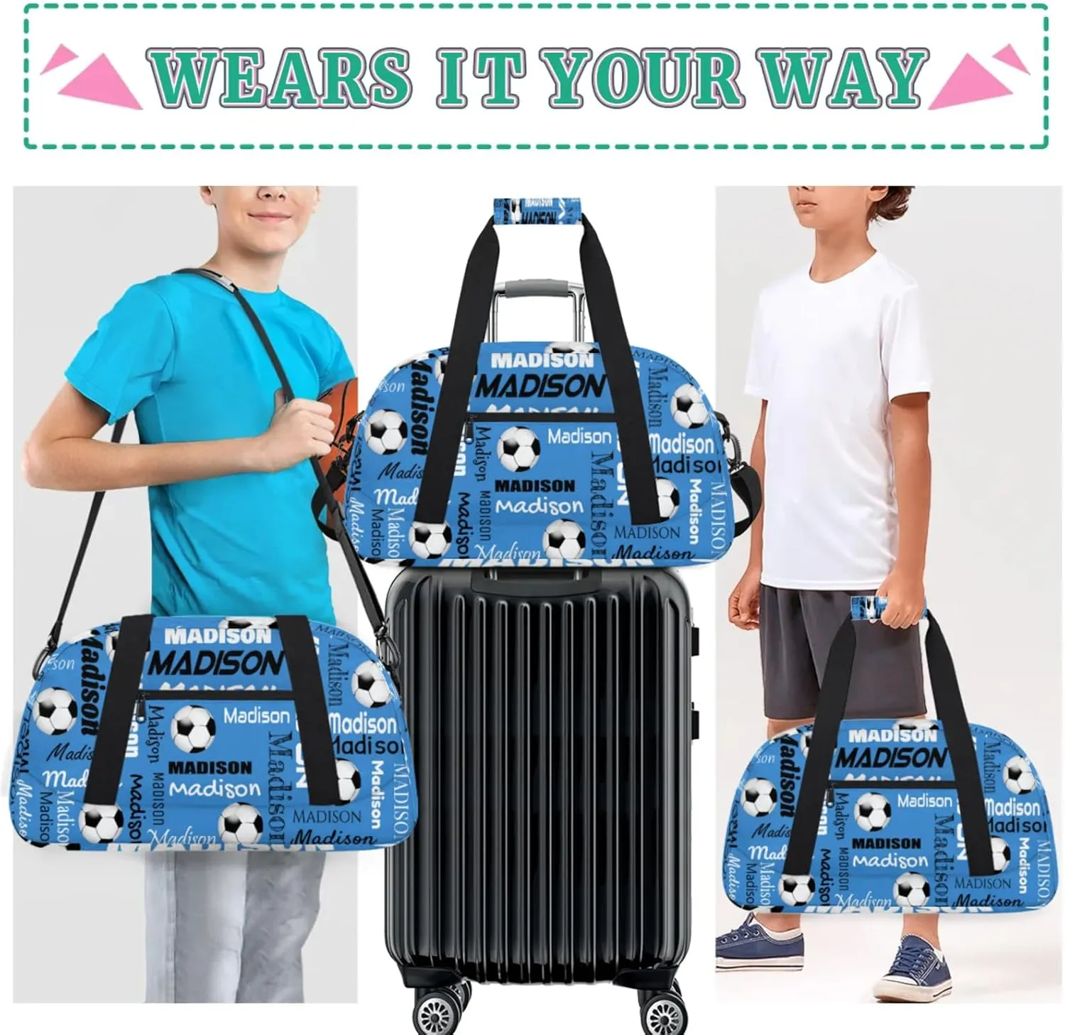 Custom Soccer Gym Bag Duffel Bag for Women Men, Personalized Name Travel Sport Bags Customized Footballs Bag, Blue