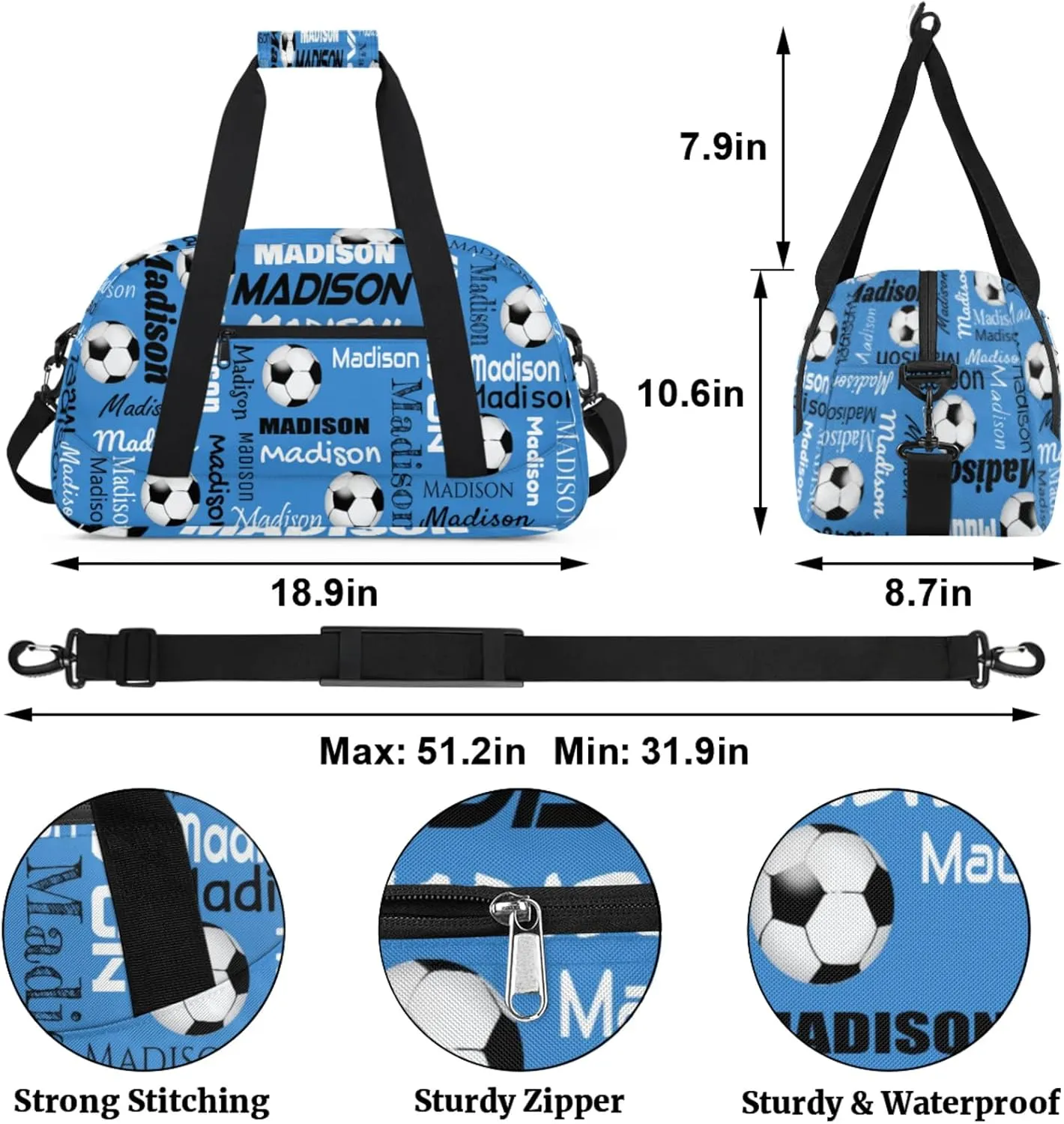 Custom Soccer Gym Bag Duffel Bag for Women Men, Personalized Name Travel Sport Bags Customized Footballs Bag, Blue