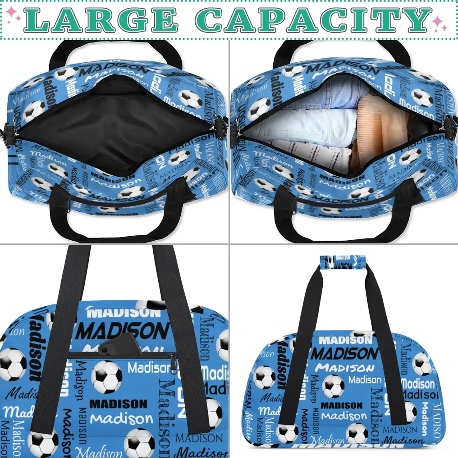 Custom Soccer Gym Bag Duffel Bag for Women Men, Personalized Name Travel Sport Bags Customized Footballs Bag, Blue