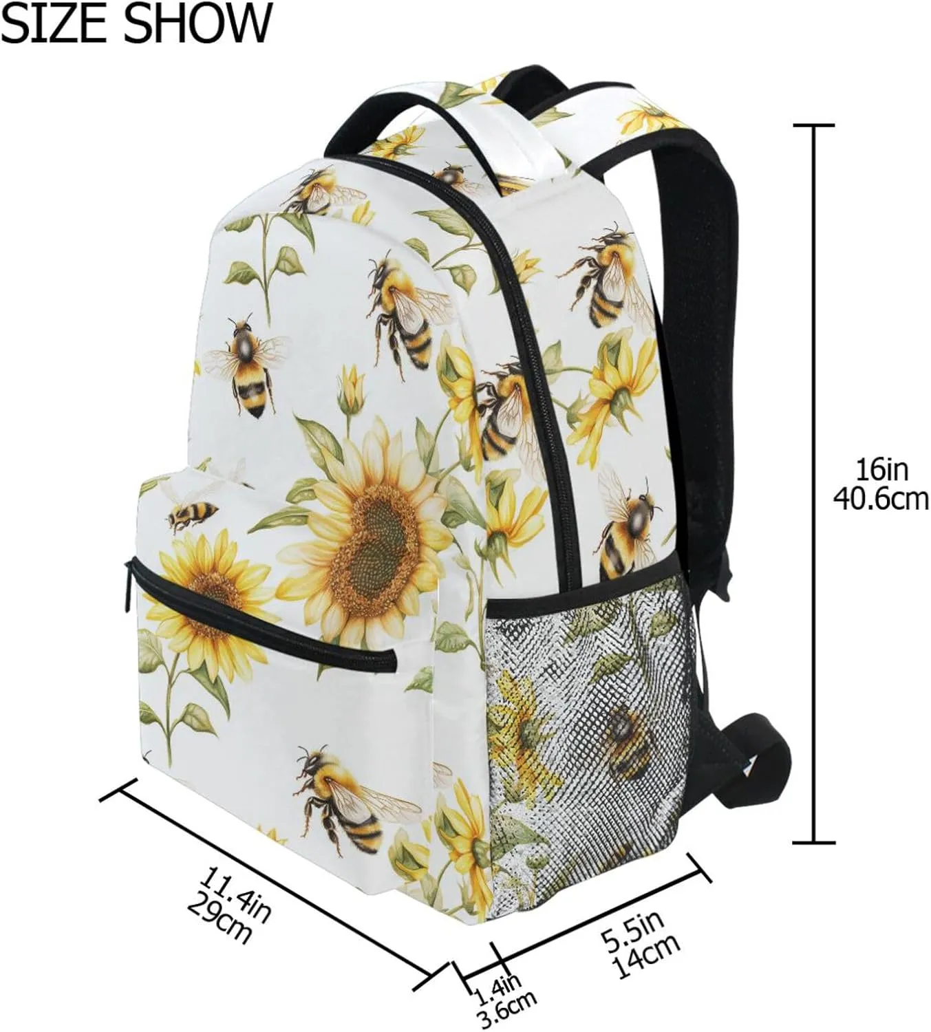Cute Backpack for Teens Boys Girls Waterproof Laptop Bookbag with Chest Strap Gift Men & Women Cartoon Cute Bees Sunflowers