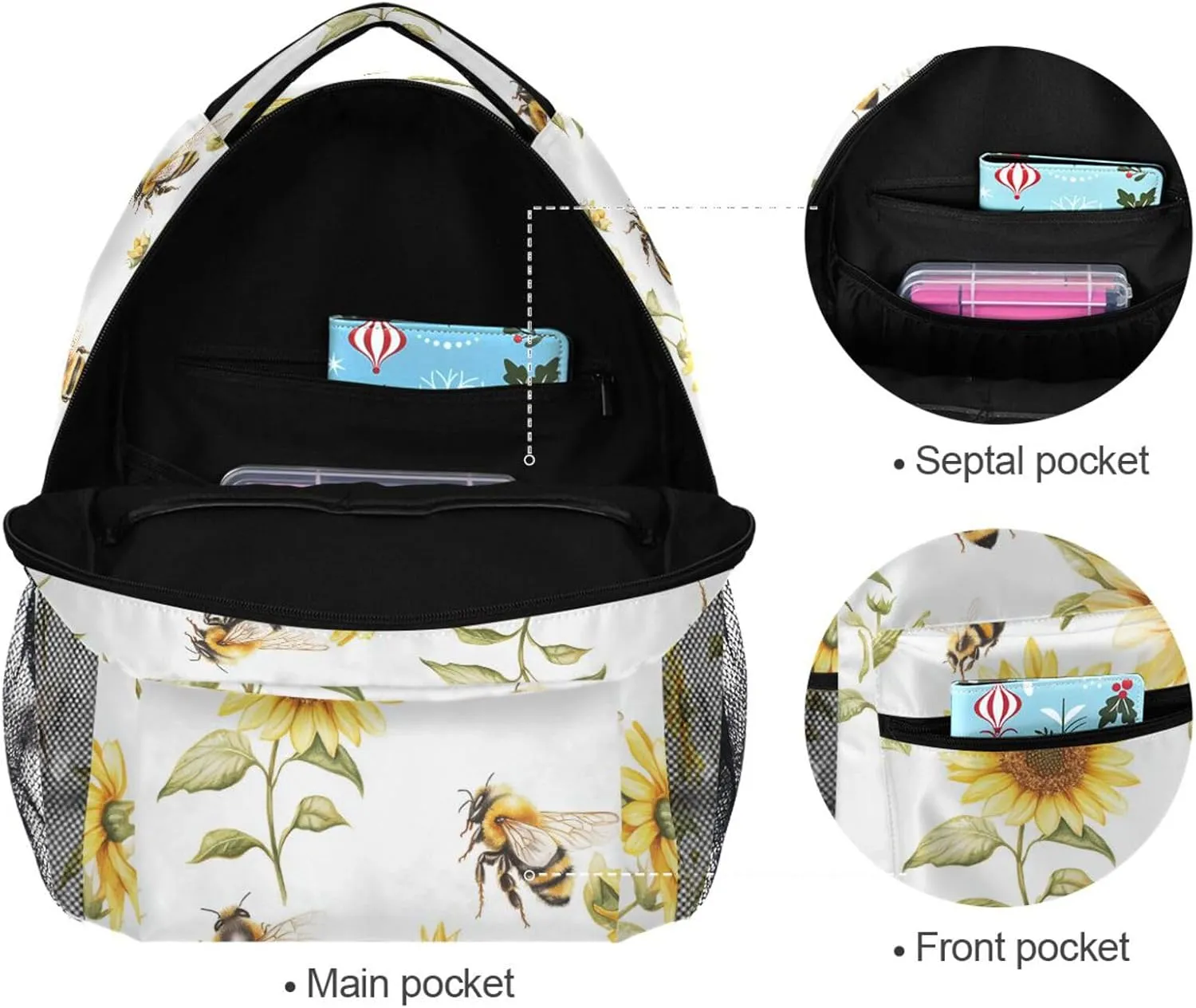 Cute Backpack for Teens Boys Girls Waterproof Laptop Bookbag with Chest Strap Gift Men & Women Cartoon Cute Bees Sunflowers