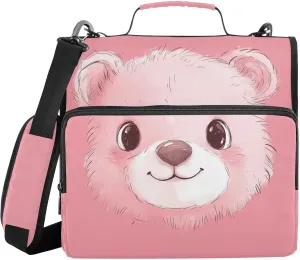 Cute Bear Face Pink Zipper Binder with Shoulder Strap Trapper Keeper 3 Ring Binder Organizer Large Capacity Multiple Compartments for School Office