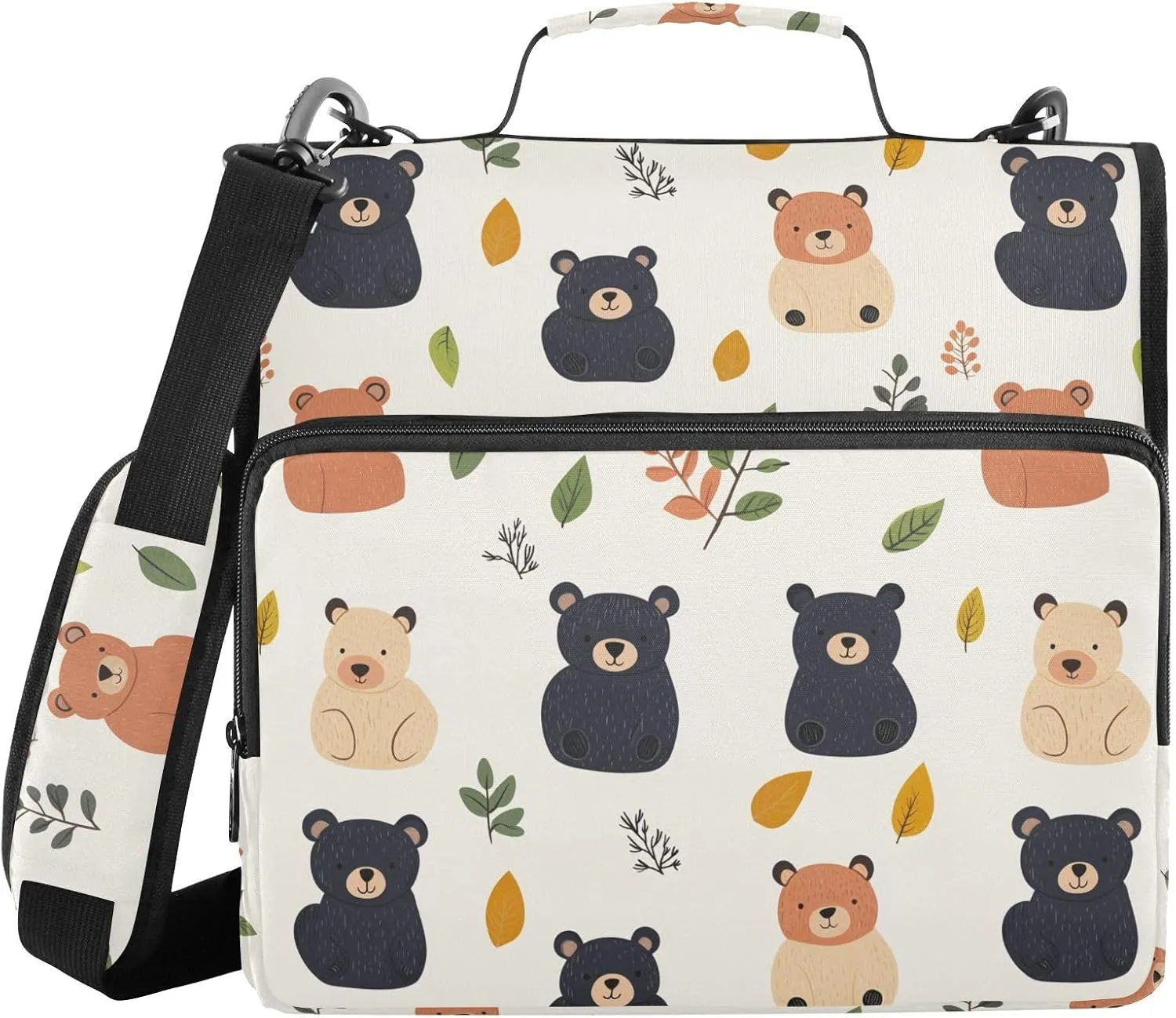 Cute Bear Leaves White Zipper Binder with Shoulder Strap Trapper Keeper 3 Ring Binder Organizer Large Capacity Multiple Compartments for School Office