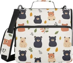 Cute Bear Leaves White Zipper Binder with Shoulder Strap Trapper Keeper 3 Ring Binder Organizer Large Capacity Multiple Compartments for School Office