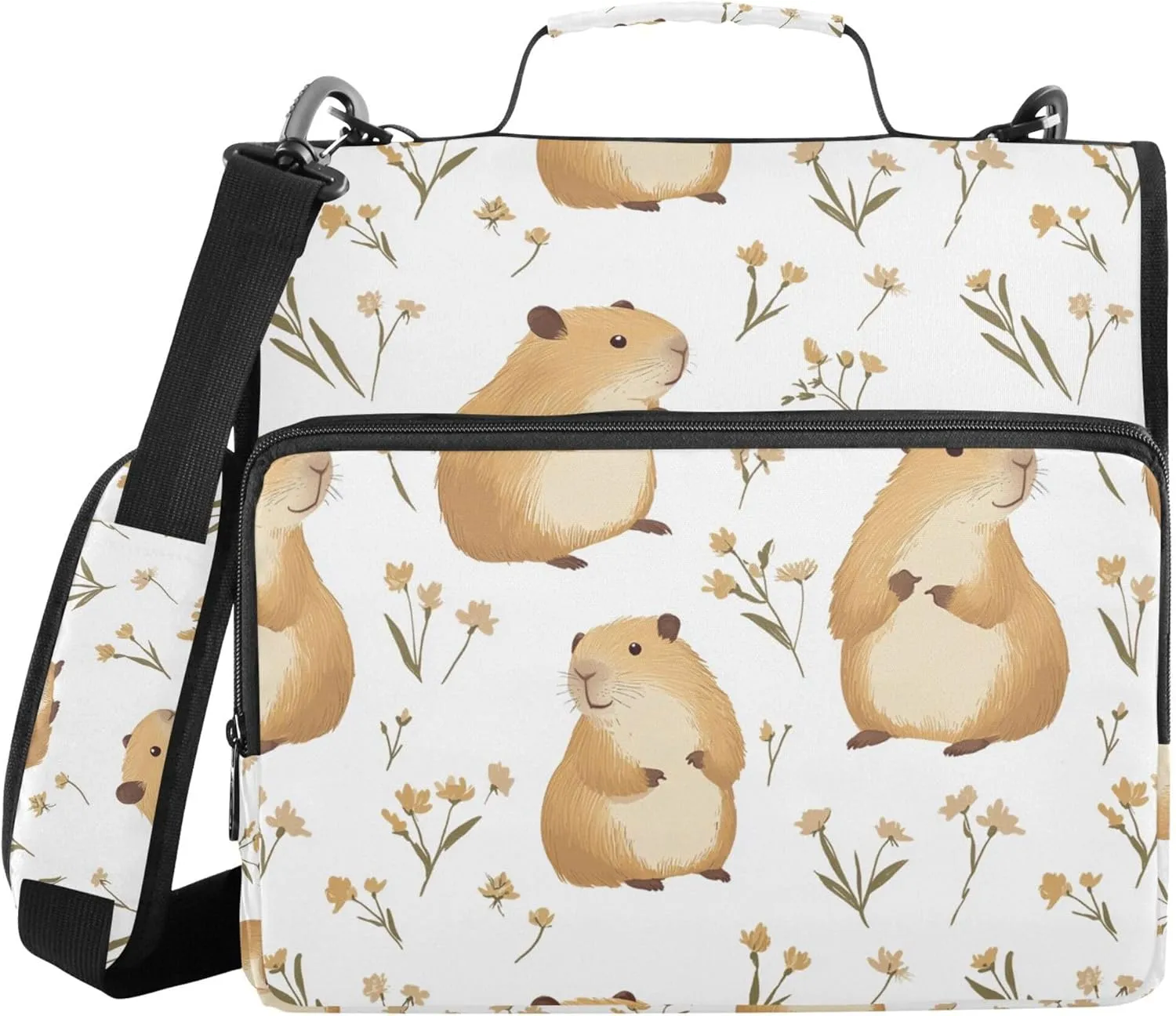 Cute Capybara White Office Binder Organizer with Shoulder Strap & Handle Easy to Carry 1.5 Inch 3 Rings Portfolio Binder Bag Documents Files Organizer