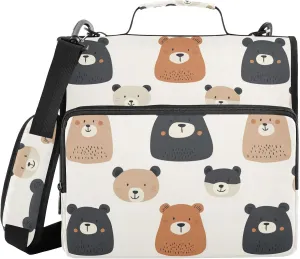 Cute Cartoon Bear Face White Zipper Binder with Shoulder Strap Trapper Keeper 3 Ring Binder Organizer Large Capacity Multiple Compartments for School Office