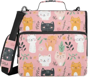Cute Cat Flowers Leave Pink Zipper Binder with Shoulder Strap Trapper Keeper 3 Ring Binder Organizer Large Capacity Multiple Compartments for School Office