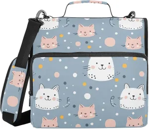 Cute Cat Polka Dots Blue Zipper Binder with Shoulder Strap Trapper Keeper 3 Ring Binder Organizer Large Capacity Multiple Compartments for School Office