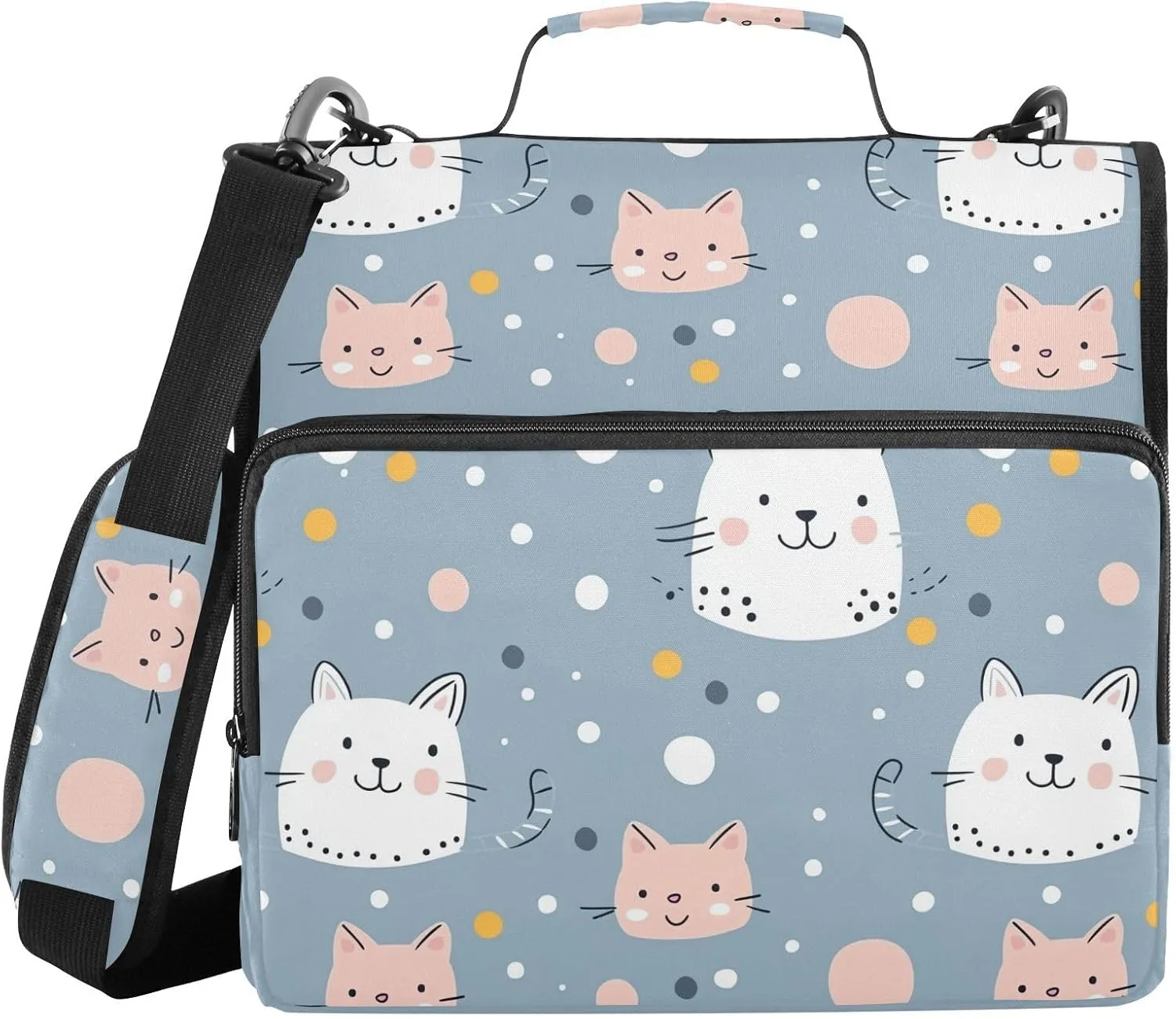 Cute Cat Polka Dots Blue Zipper Binder with Shoulder Strap Trapper Keeper 3 Ring Binder Organizer Large Capacity Multiple Compartments for School Office