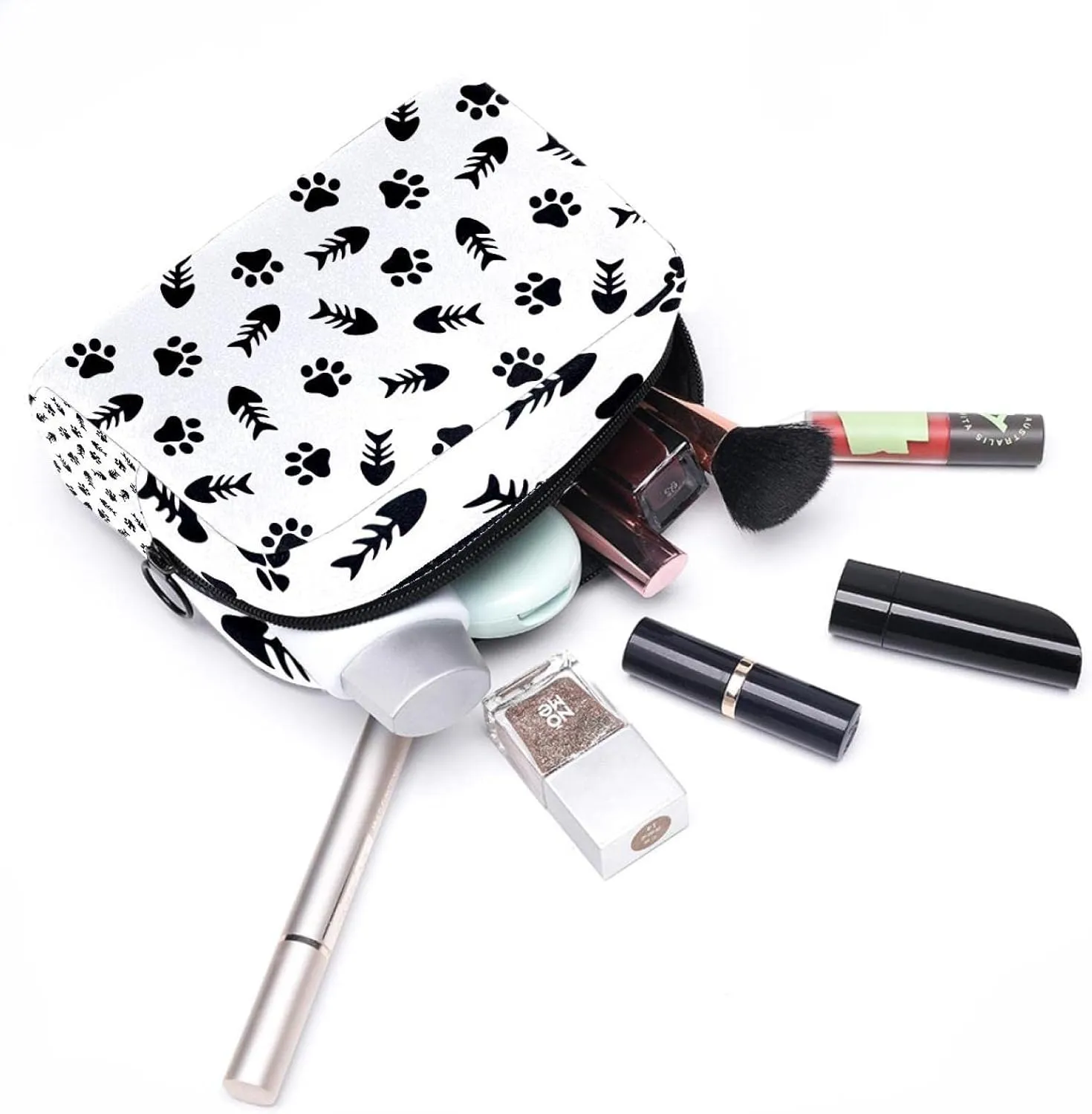 Cute Fishbone and Animal Paw Small Makeup Bags for Women Teen Girls, Makeup Storage Bag with Zipper Accessories Organizer Bag for Travelling