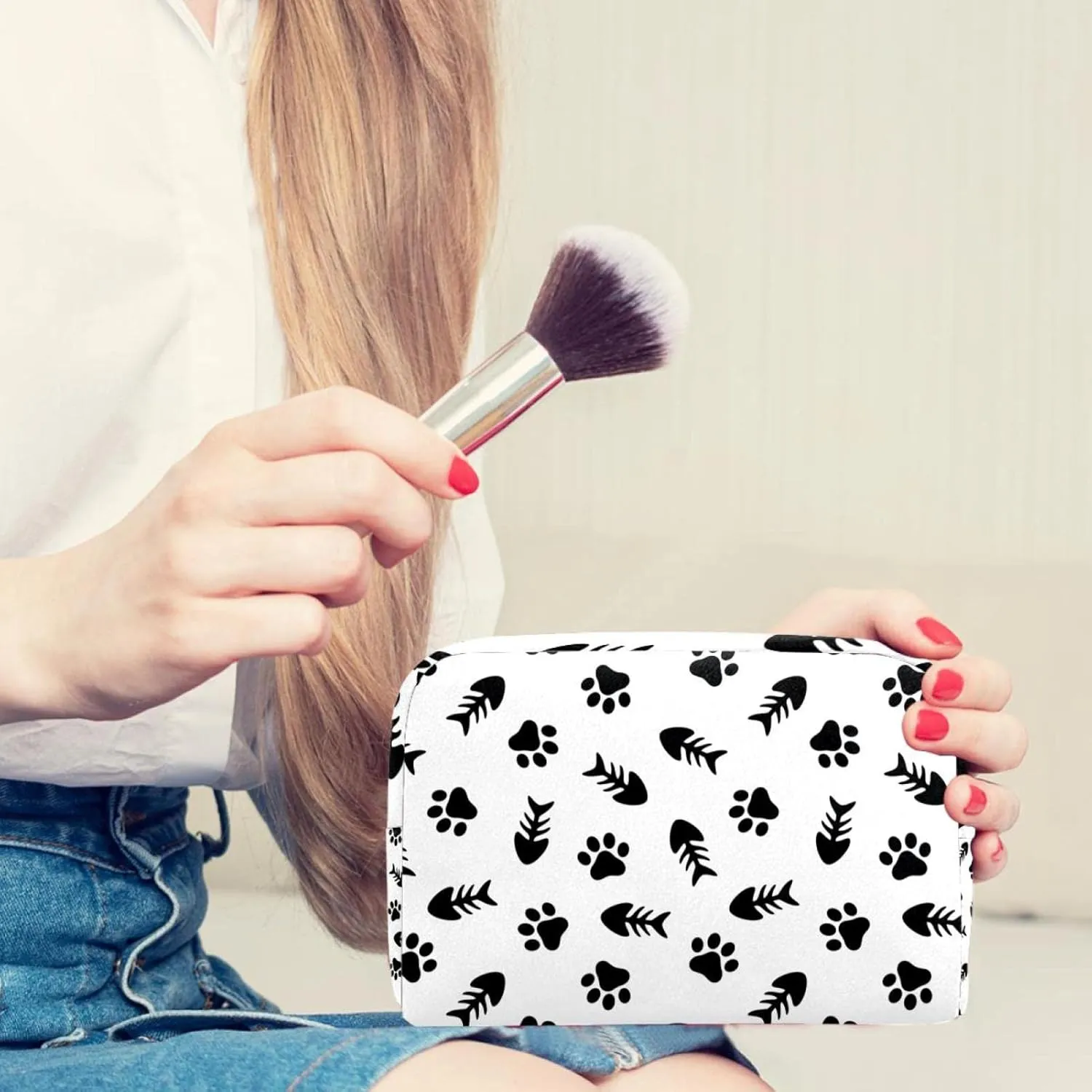 Cute Fishbone and Animal Paw Small Makeup Bags for Women Teen Girls, Makeup Storage Bag with Zipper Accessories Organizer Bag for Travelling