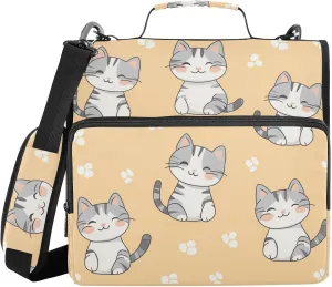 Cute Grey Cat Orange Zipper Binder with Shoulder Strap Trapper Keeper 3 Ring Binder Organizer Large Capacity Multiple Compartments for School Office