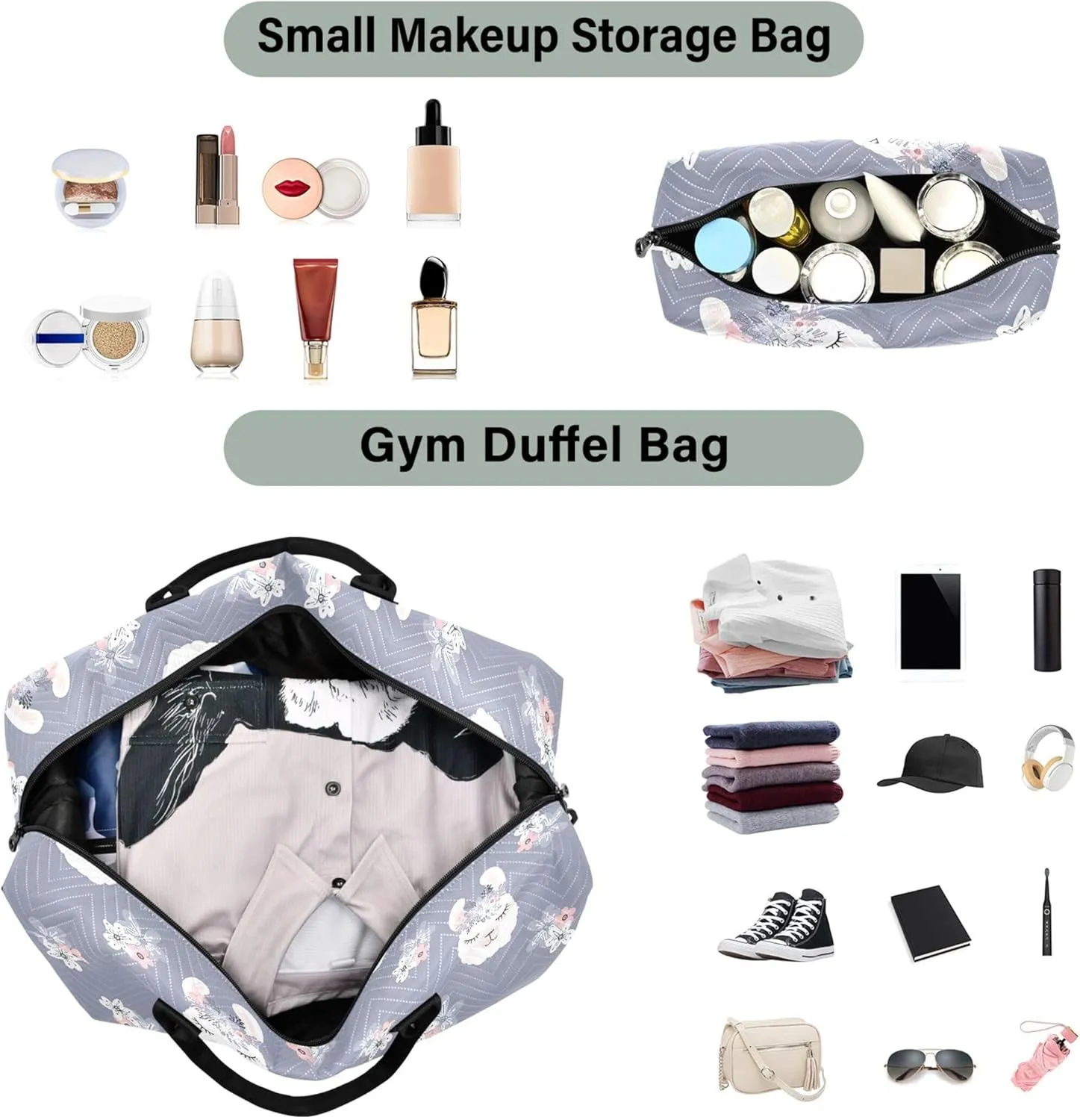Cute Llama Head Flower Grey Duffle Bag for Travel Makeup Bag Set, Art Women Gym Duffle Bag Duffel for Traveling
