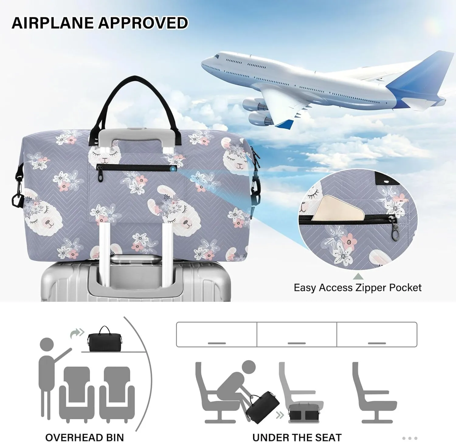 Cute Llama Head Flower Grey Duffle Bag for Travel Makeup Bag Set, Art Women Gym Duffle Bag Duffel for Traveling