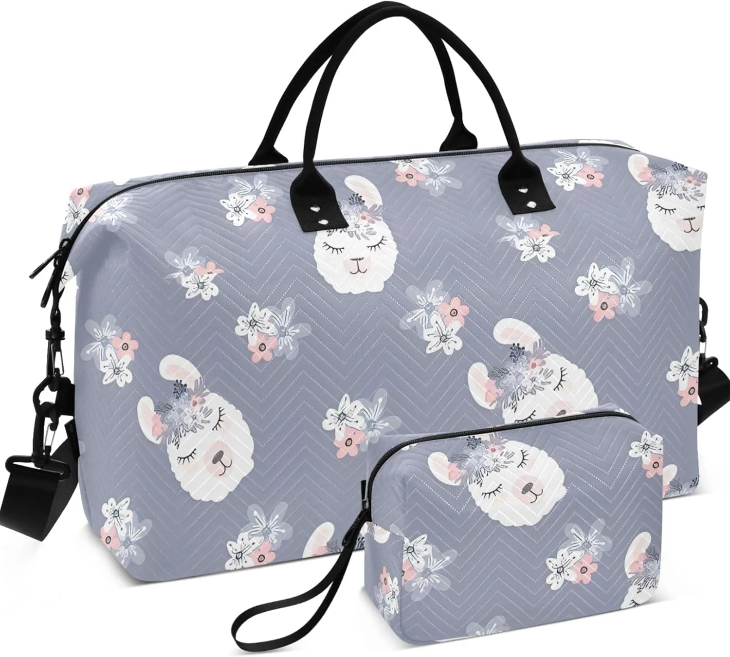 Cute Llama Head Flower Grey Duffle Bag for Travel Makeup Bag Set, Art Women Gym Duffle Bag Duffel for Traveling