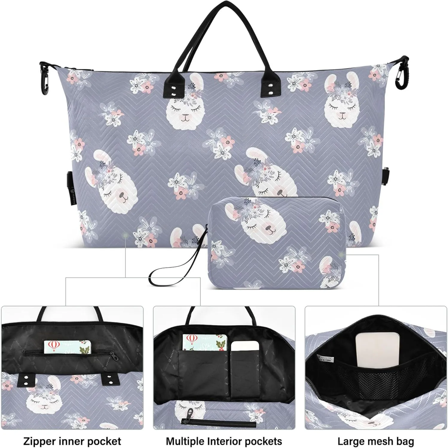 Cute Llama Head Flower Grey Duffle Bag for Travel Makeup Bag Set, Art Women Gym Duffle Bag Duffel for Traveling