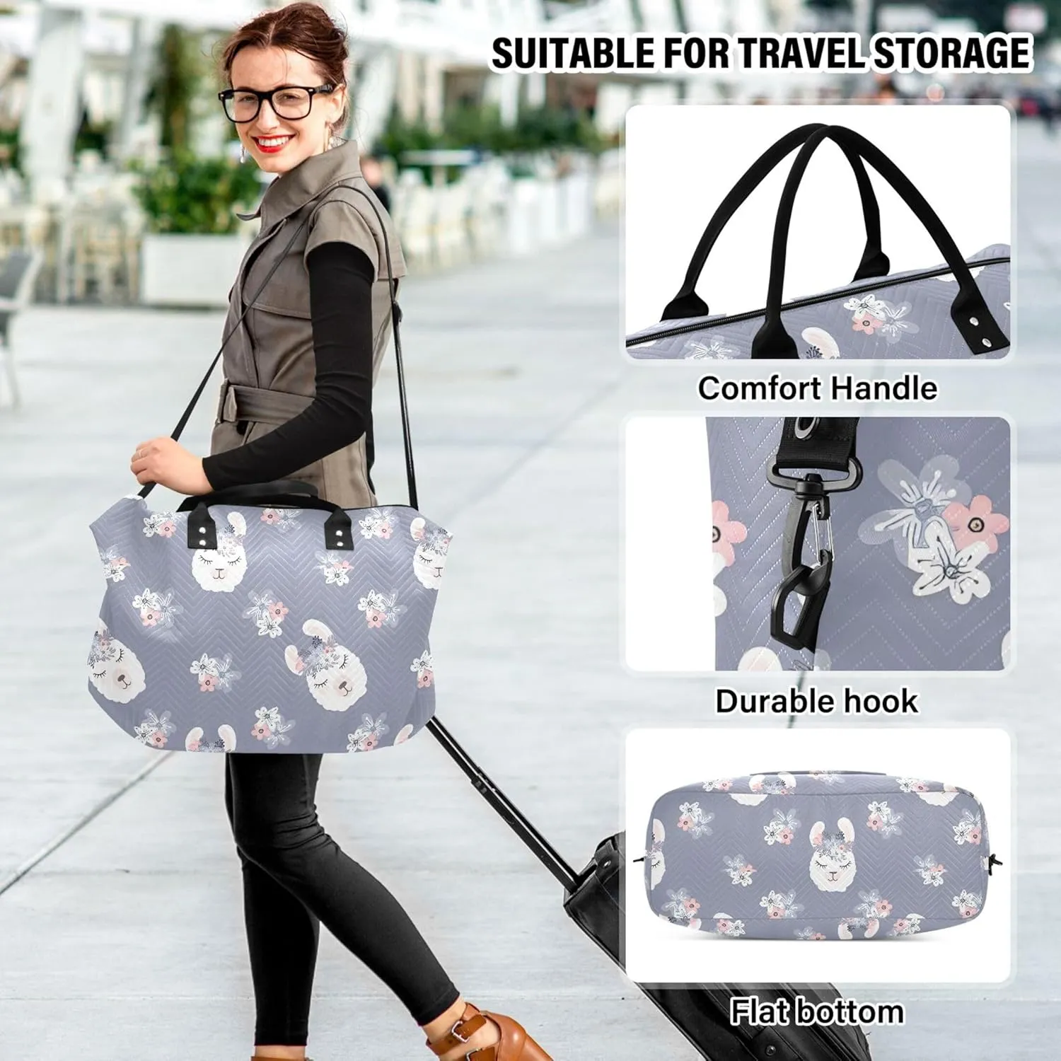 Cute Llama Head Flower Grey Duffle Bag for Travel Makeup Bag Set, Art Women Gym Duffle Bag Duffel for Traveling
