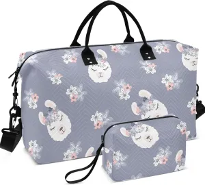 Cute Llama Head Flower Grey Duffle Bag for Travel Makeup Bag Set, Art Women Gym Duffle Bag Duffel for Traveling