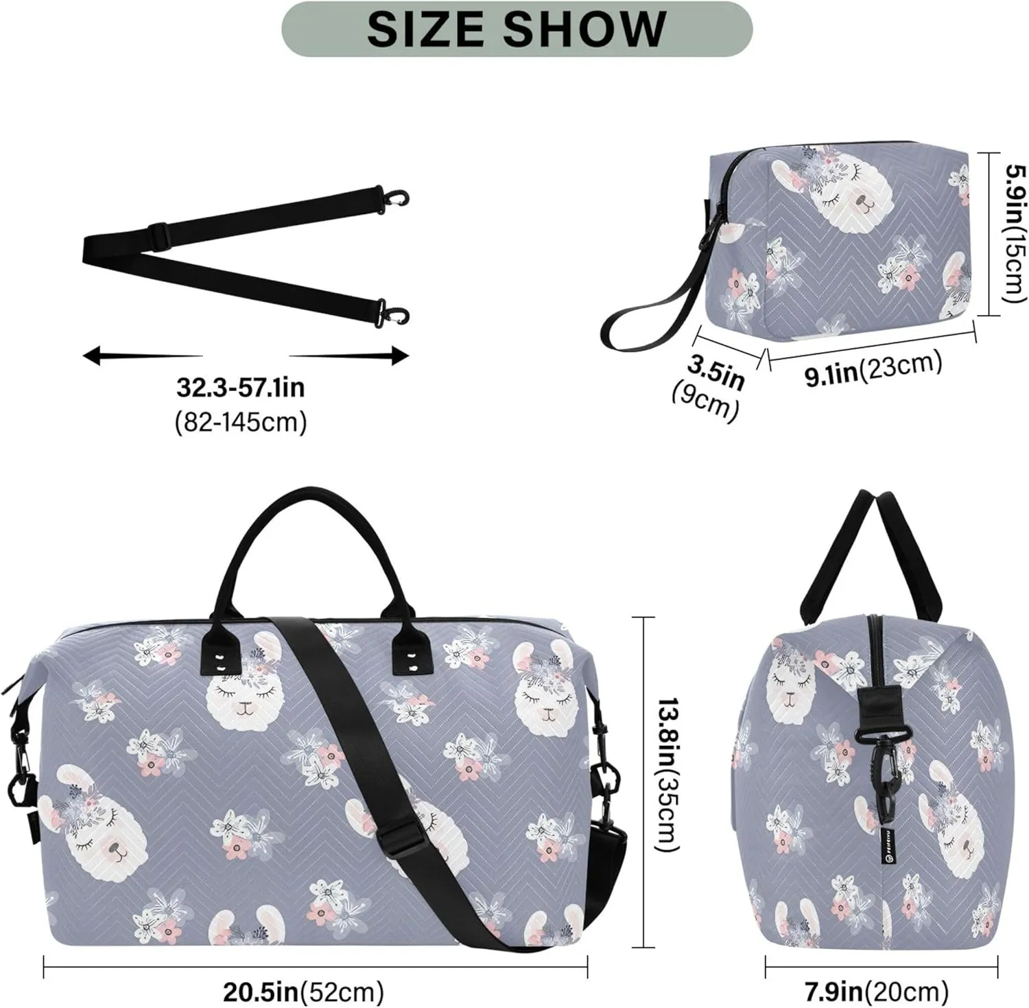 Cute Llama Head Flower Grey Duffle Bag for Travel Makeup Bag Set, Art Women Gym Duffle Bag Duffel for Traveling