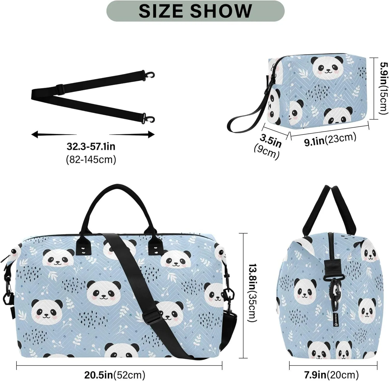Cute Panda Blue Cartoon Duffle Bags Travel Cosmetic Pouch Set, Animals Small Duffel Bag Carry on Tote