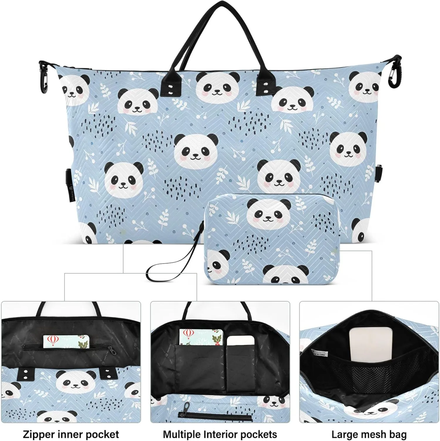 Cute Panda Blue Cartoon Duffle Bags Travel Cosmetic Pouch Set, Animals Small Duffel Bag Carry on Tote