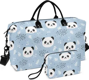 Cute Panda Blue Cartoon Duffle Bags Travel Cosmetic Pouch Set, Animals Small Duffel Bag Carry on Tote