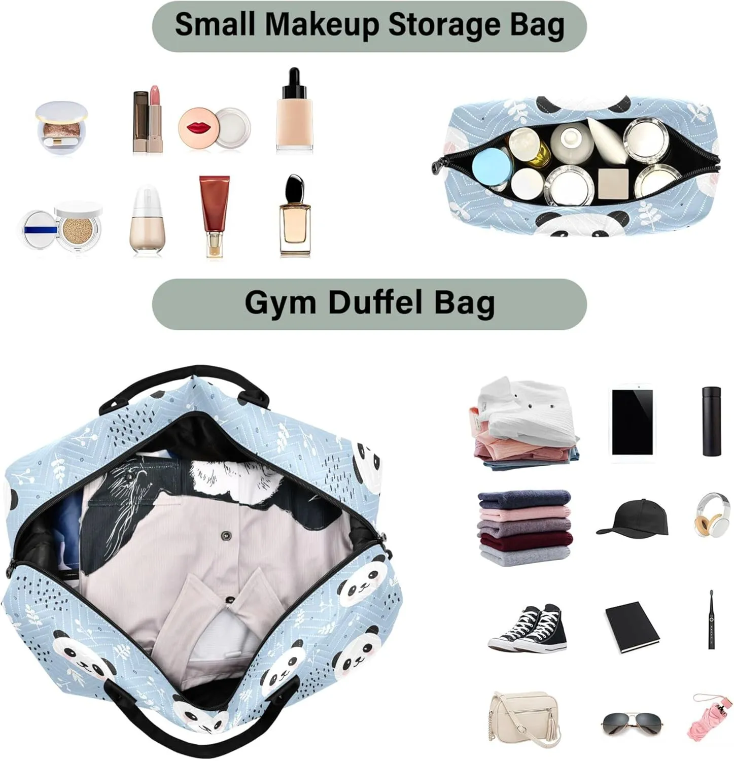 Cute Panda Blue Cartoon Duffle Bags Travel Cosmetic Pouch Set, Animals Small Duffel Bag Carry on Tote