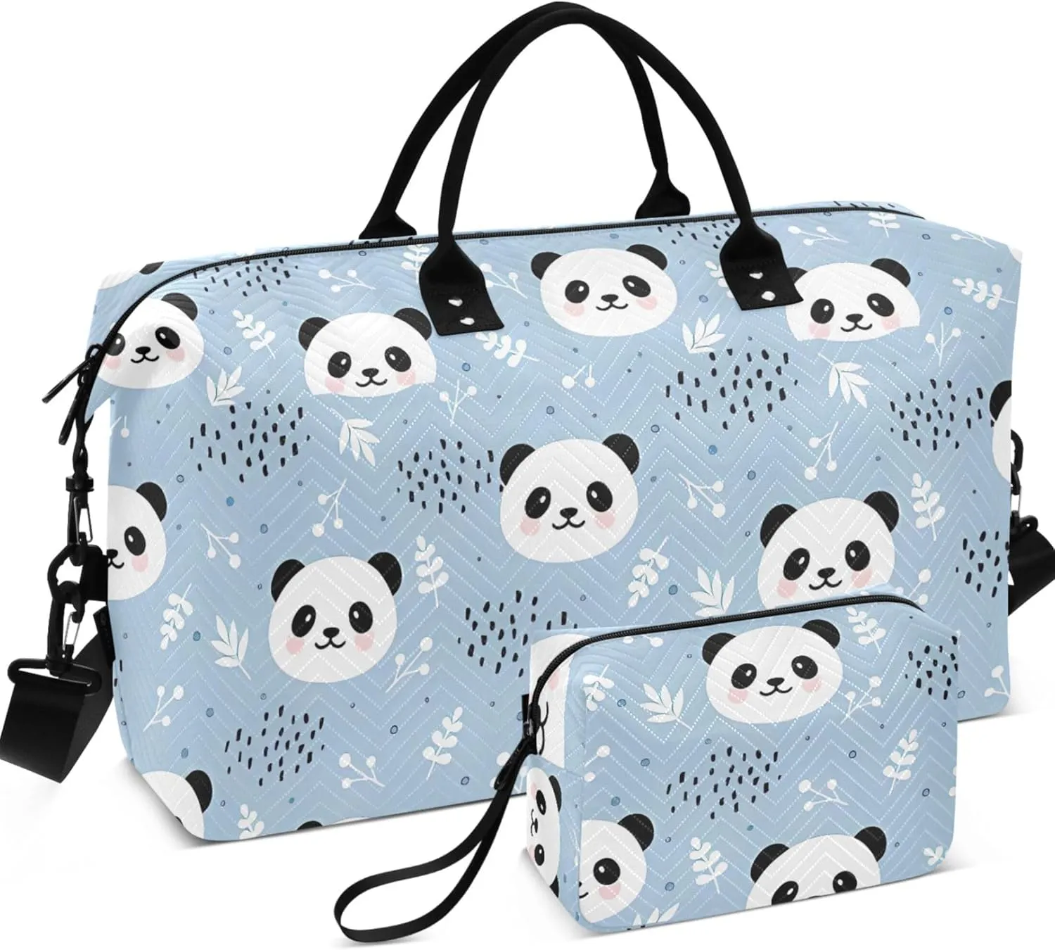 Cute Panda Blue Cartoon Duffle Bags Travel Cosmetic Pouch Set, Animals Small Duffel Bag Carry on Tote