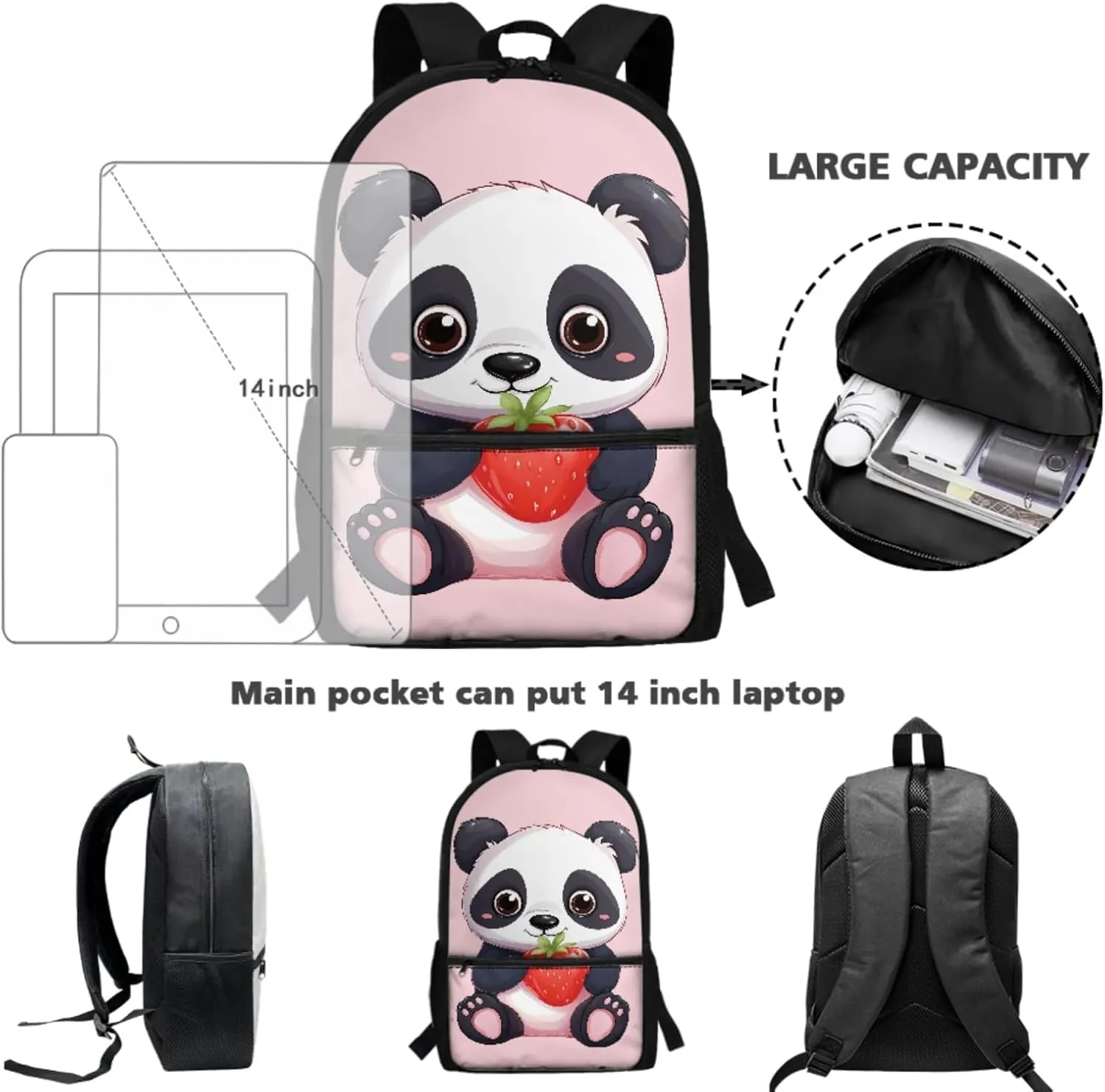 Cute Panda Carry On Backpack for Kids Lunch Tote Bag Large Pencil Case 3 In 1 Backpack School Supplies Elementary Book Bag Set for Back to School