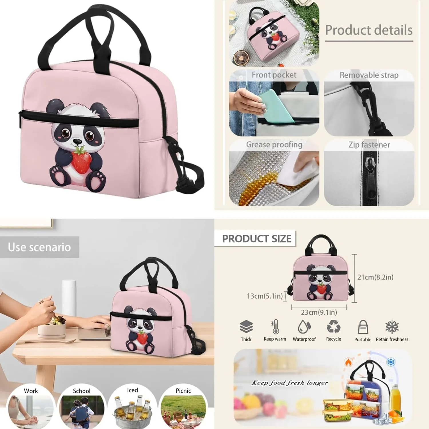 Cute Panda Carry On Backpack for Kids Lunch Tote Bag Large Pencil Case 3 In 1 Backpack School Supplies Elementary Book Bag Set for Back to School