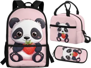 Cute Panda Carry On Backpack for Kids Lunch Tote Bag Large Pencil Case 3 In 1 Backpack School Supplies Elementary Book Bag Set for Back to School