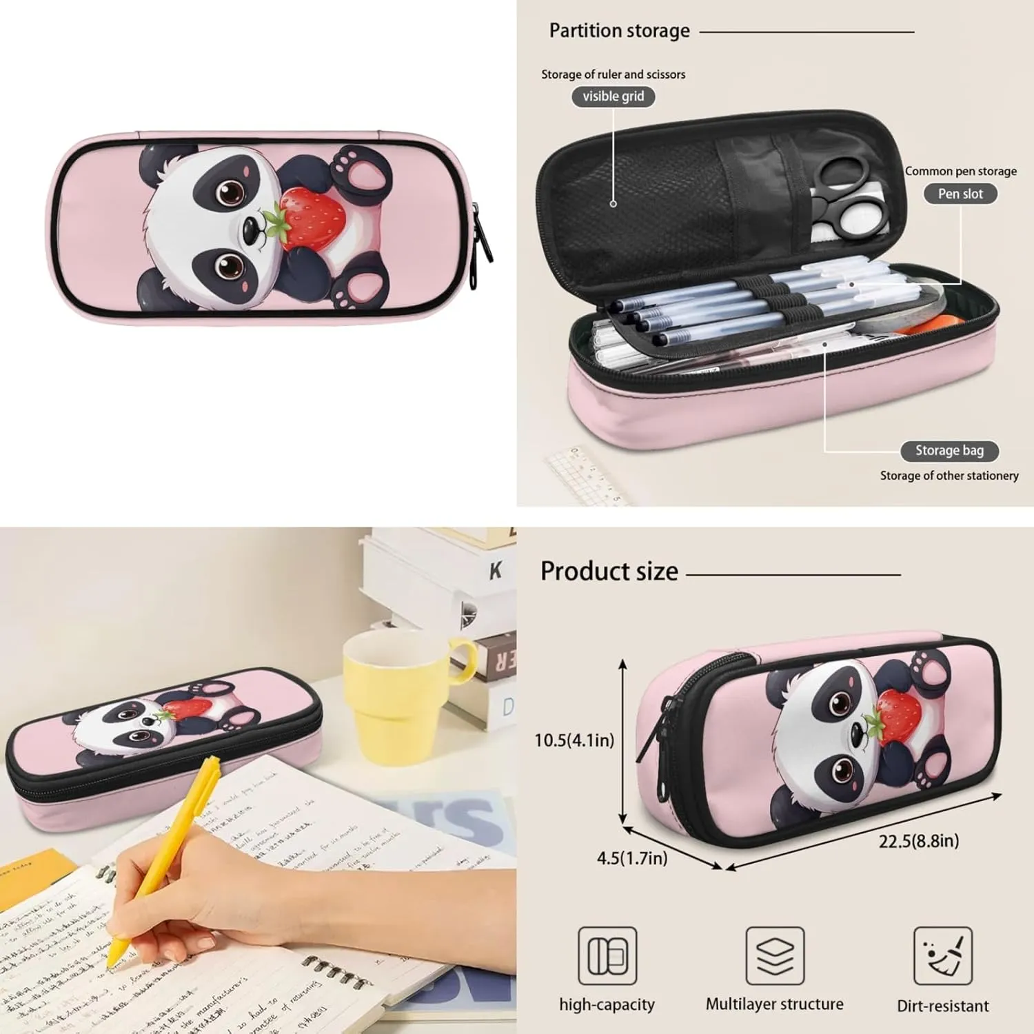 Cute Panda Carry On Backpack for Kids Lunch Tote Bag Large Pencil Case 3 In 1 Backpack School Supplies Elementary Book Bag Set for Back to School