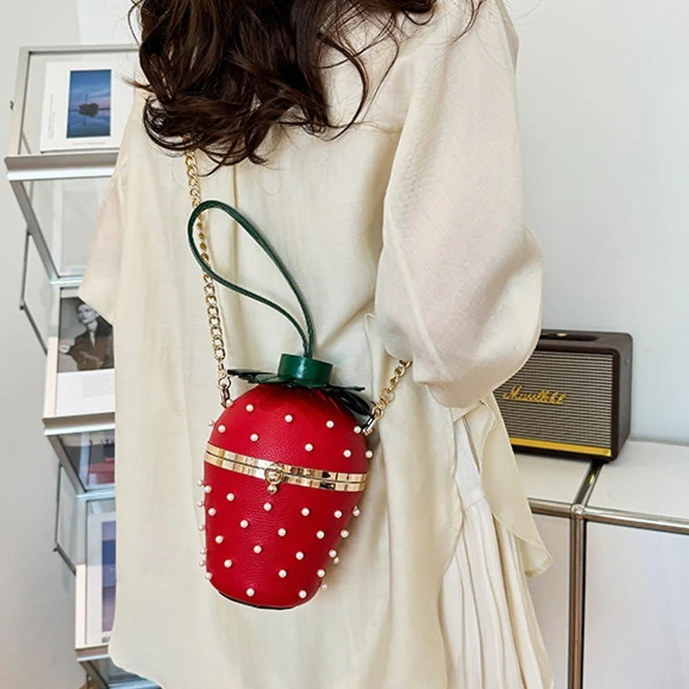 Cute Pu Leather Bag Purses Designer Shoulder Bags Strawberry Shape Bucket Bag Fashion Shiny Handbags with Detachable Chain