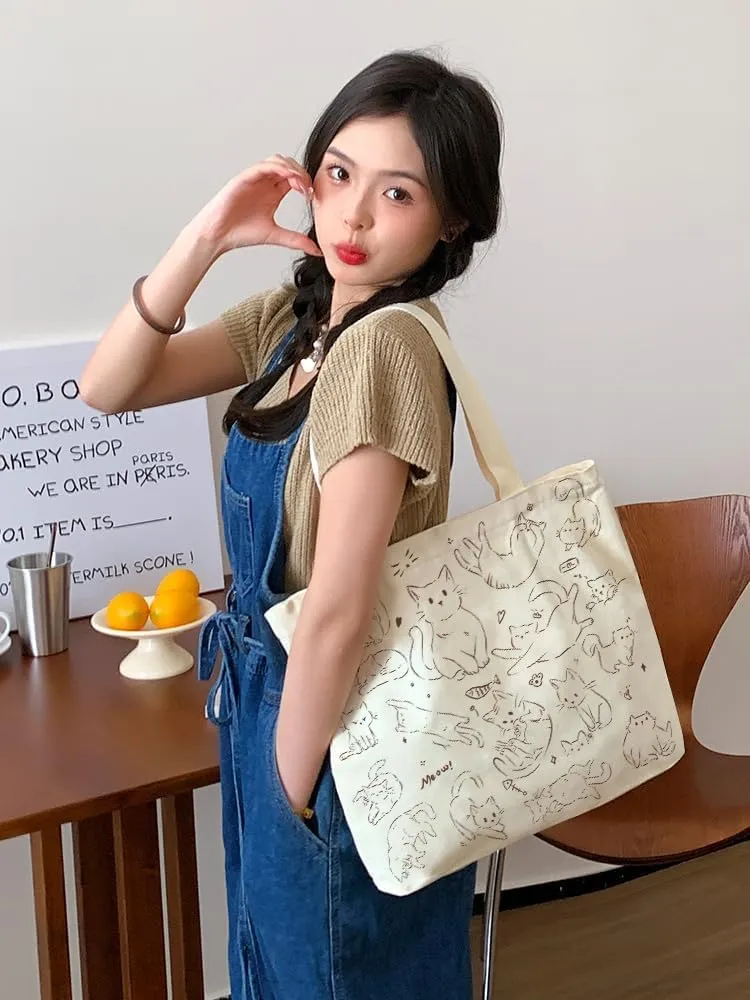 Cute Tote Bag for Women with Zipper, Funny Purse with Cats Dogs Large Canvas Shoulder Bag Handbag