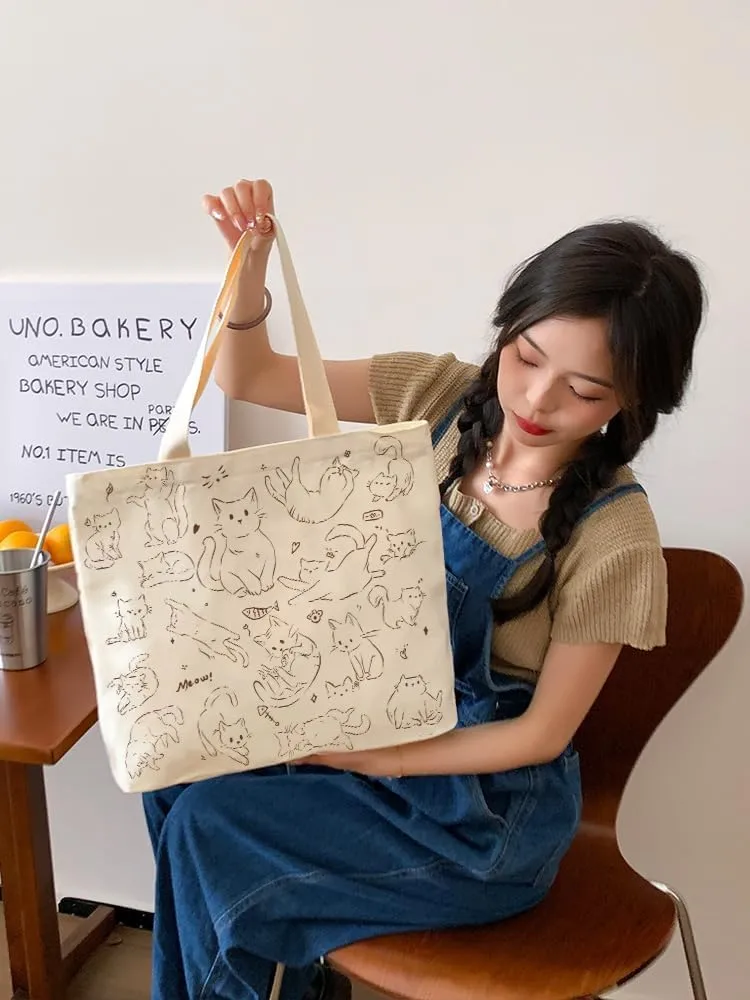 Cute Tote Bag for Women with Zipper, Funny Purse with Cats Dogs Large Canvas Shoulder Bag Handbag