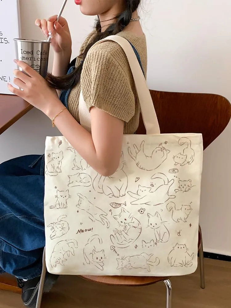 Cute Tote Bag for Women with Zipper, Funny Purse with Cats Dogs Large Canvas Shoulder Bag Handbag