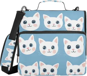 Cute White Cat Face Blue Zipper Binder with Shoulder Strap Trapper Keeper 3 Ring Binder Organizer Large Capacity Multiple Compartments for School Office