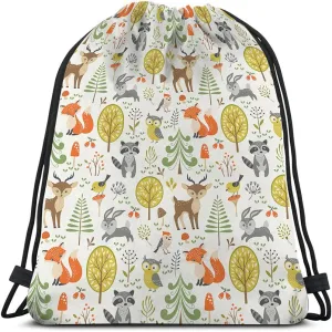 Cute Woodland Animals Drawstring Bags Backpack Bag Bird Owl Raccoon Tree Rabbit Fox Mushroom Spring Berries Sport Gym Sack Drawstring Bag String Bag Yoga Bag for Men Women