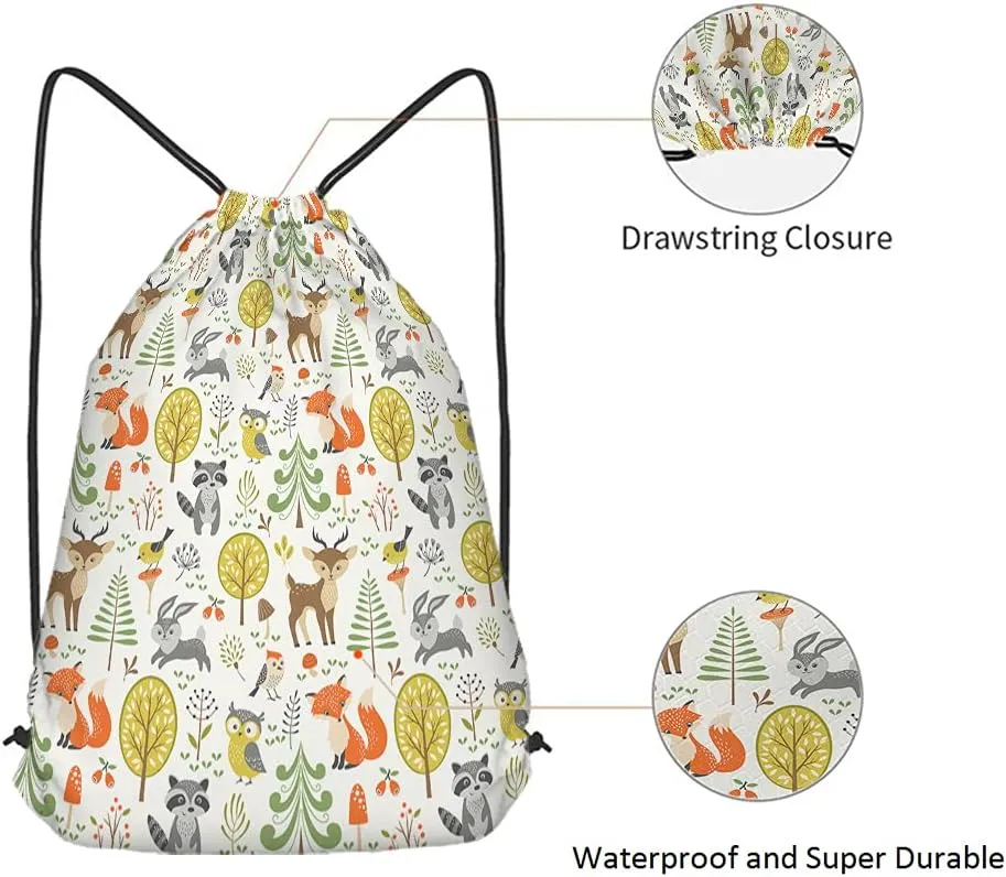 Cute Woodland Animals Drawstring Bags Backpack Bag Bird Owl Raccoon Tree Rabbit Fox Mushroom Spring Berries Sport Gym Sack Drawstring Bag String Bag Yoga Bag for Men Women