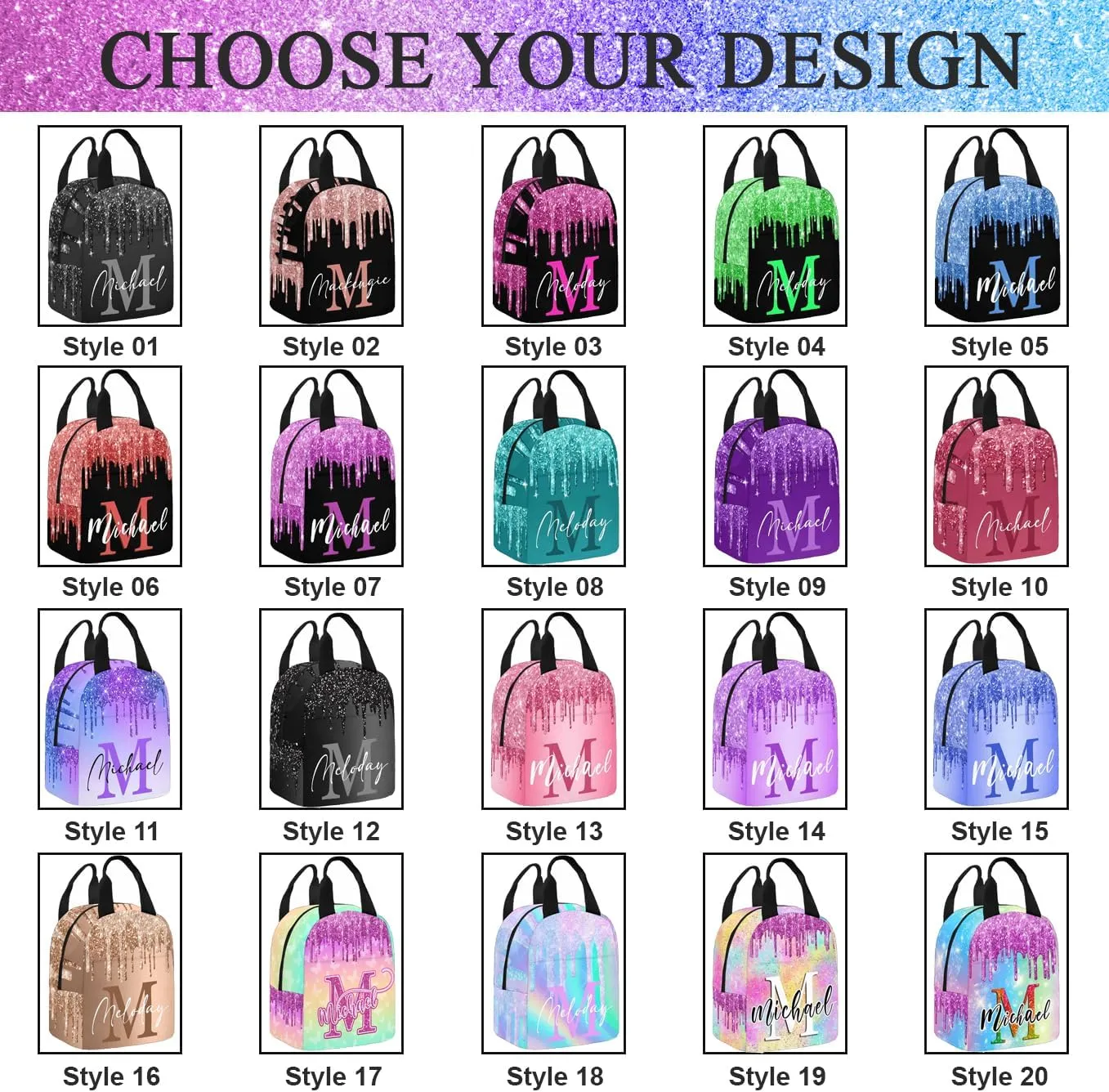 D-Story Custom Backpack for Girls, 3 in 1 Backpack Set with Lunch bag Pencil Case Customized Glitter Sparkling Backpack For Girls back to school